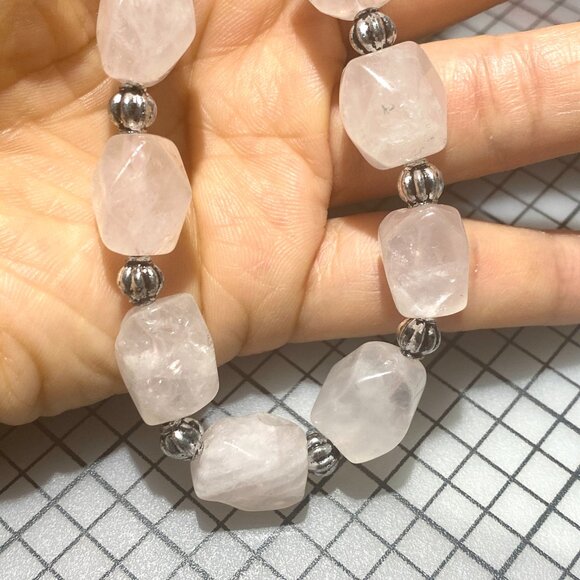 Beaded Diamond-cut Rose Quartz Necklace, Pale Pink Genuine Gemstone Choker - Picture 10 of 10